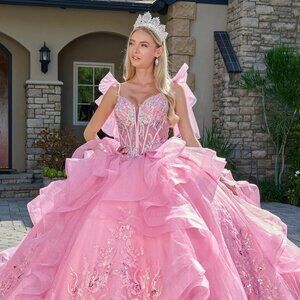 New Pink Dazzling Rhinestones Embellished Ruffled Quinceanera Tulle Gown GL3804